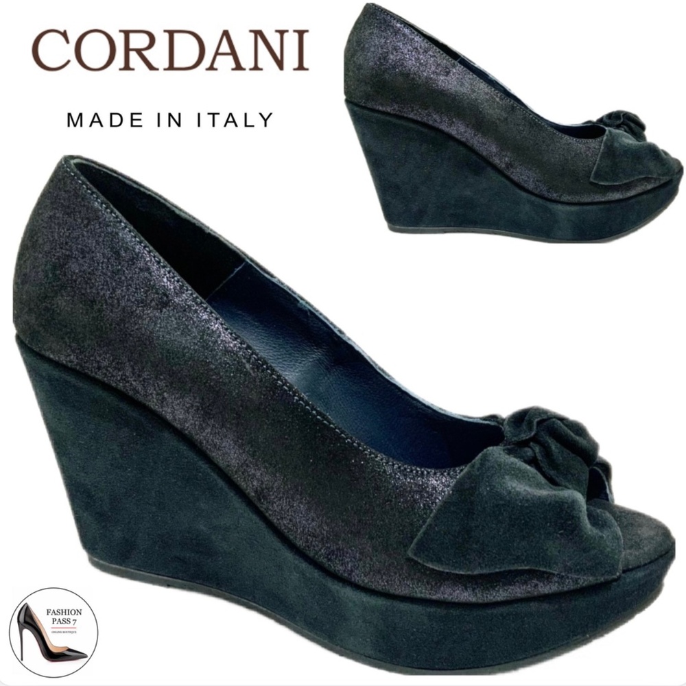 Cordani Roselyn Metallic Navy Blue Leather Platform Shoes Suede Wedged Pumps 37